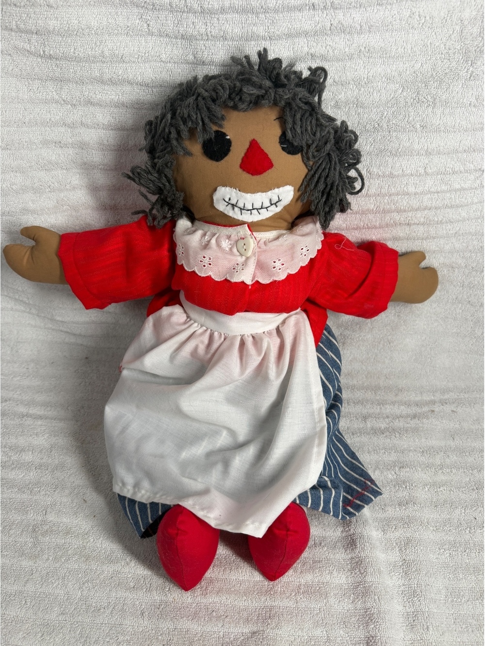 Vintage Style Handmade Rag Doll with Red Dress and Stripes